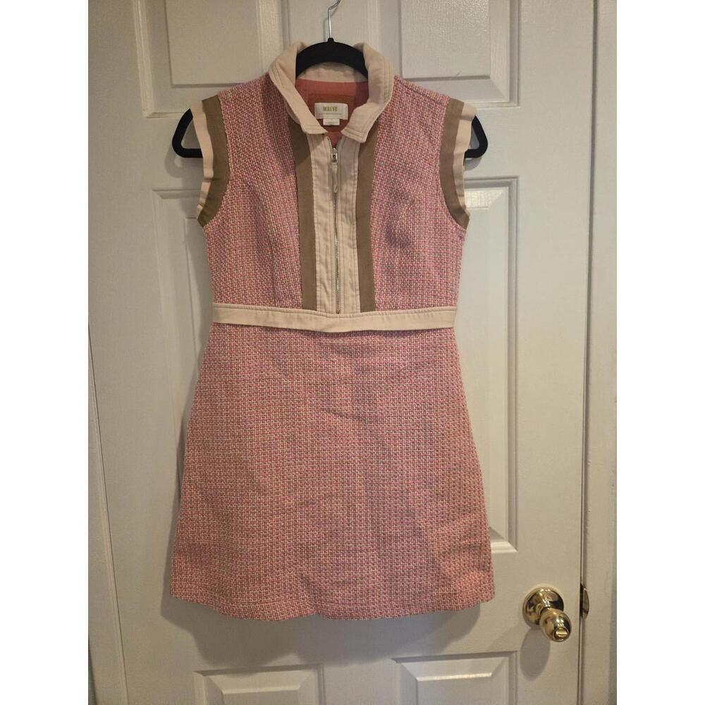 Sleeveless Pink Tweed Shift Dress with Contrast Trim